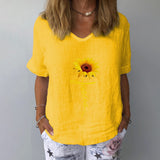 Beach Luxe Elegant Linen Cotton Women Loose Shirt Summer V Neck Short Shirts & Tops Yellow A / 2XL
