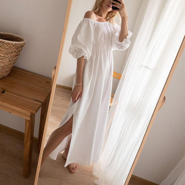 Beach Luxe Ladies Loose Boho Cotton Linen Dress White / L