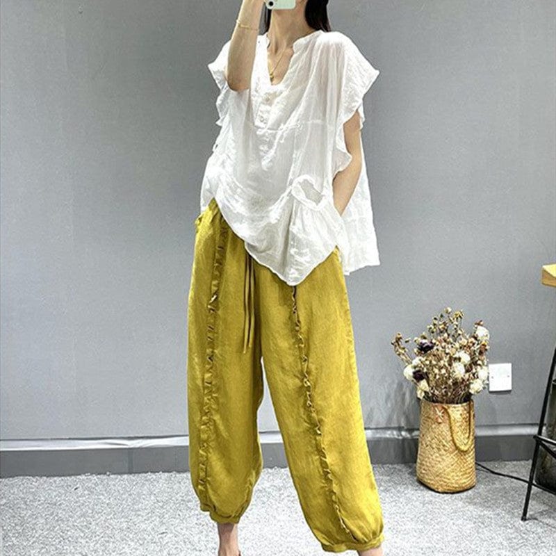 Beach Luxe Washed Cotton And Linen Wooden Ear Slimming Tappered Harem Pants For Women