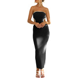 Beach Luxe Women's Knitted Tube Top Hollow-out Slim-fit Sheath Dress Clothing Black / L