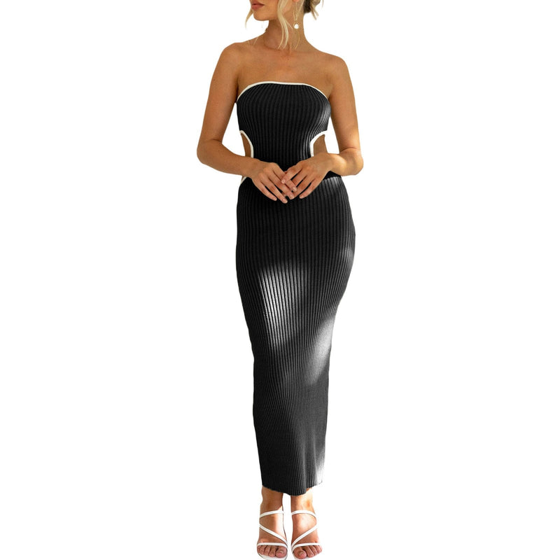 Beach Luxe Women's Knitted Tube Top Hollow-out Slim-fit Sheath Dress Clothing Black / L
