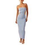 Beach Luxe Women's Knitted Tube Top Hollow-out Slim-fit Sheath Dress Clothing Light Blue / L