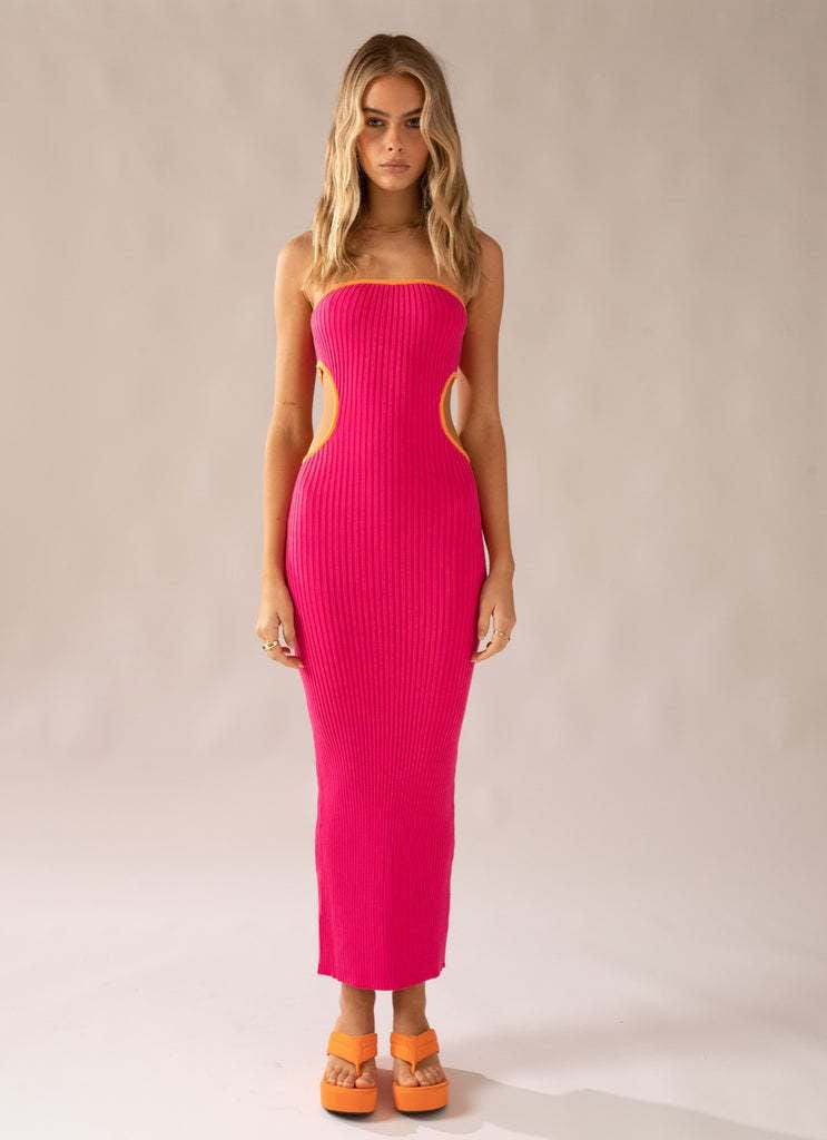 Beach Luxe Women's Knitted Tube Top Hollow-out Slim-fit Sheath Dress Clothing Rose Red / L