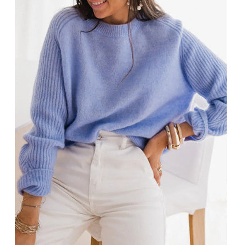 Milk Blue Bedford Cord Sweater Women's Round-collar Long-sleeve Knitwear