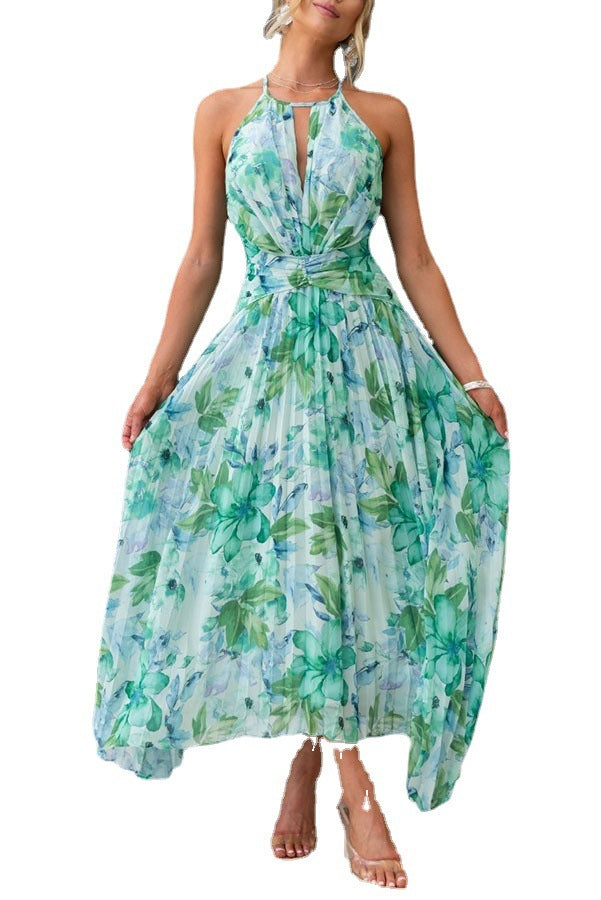 Women's Halter Neck Sleeveless V-Neck Printed Swing Dress