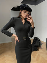 Slim-fitting Casual Suit Dress V-neck Long-sleeved