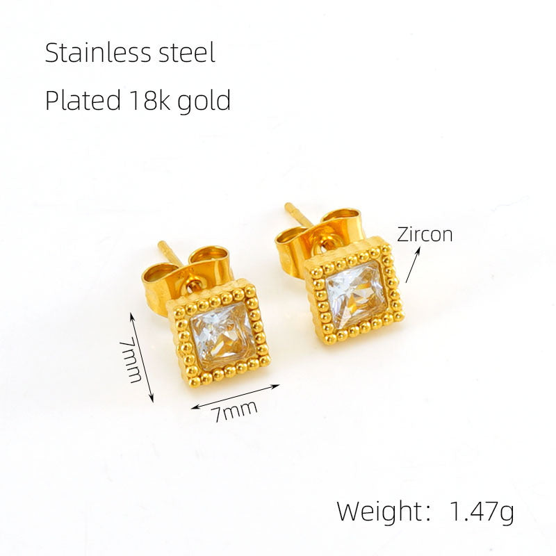 Gold Square Zircon Stud Earrings
