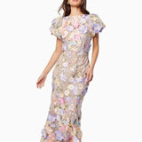 Women's Round Neck Embroidered Three-dimensional Flower Mid-length Dress