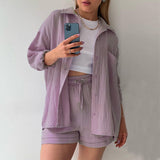 Women's Wrinkled Fabric Lapel Long Sleeved Shirt Shorts Fashion Casual Set