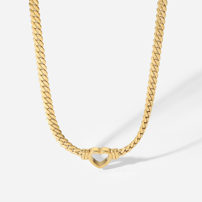 Stainless Steel Cuban Chain Heart Necklace 14K Waterproof