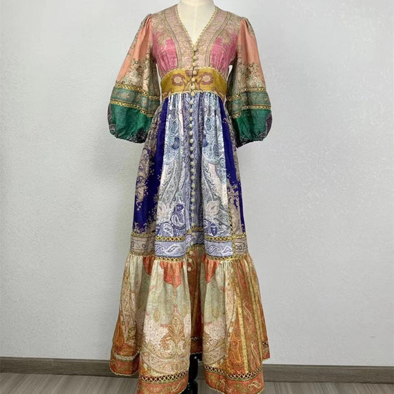 Women's Ethnic Print V Neck Patchwork Dress