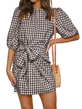 Spring And Summer Plaid Girdle Belt Fold Three-quarter Sleeve Dress Women's Clothing