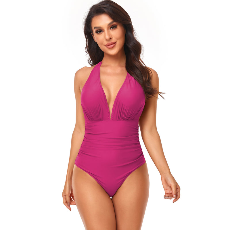 Pleated Neck One-piece Swimsuit