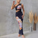 One-shoulder Printed Voile Lace Slim Fit Dress