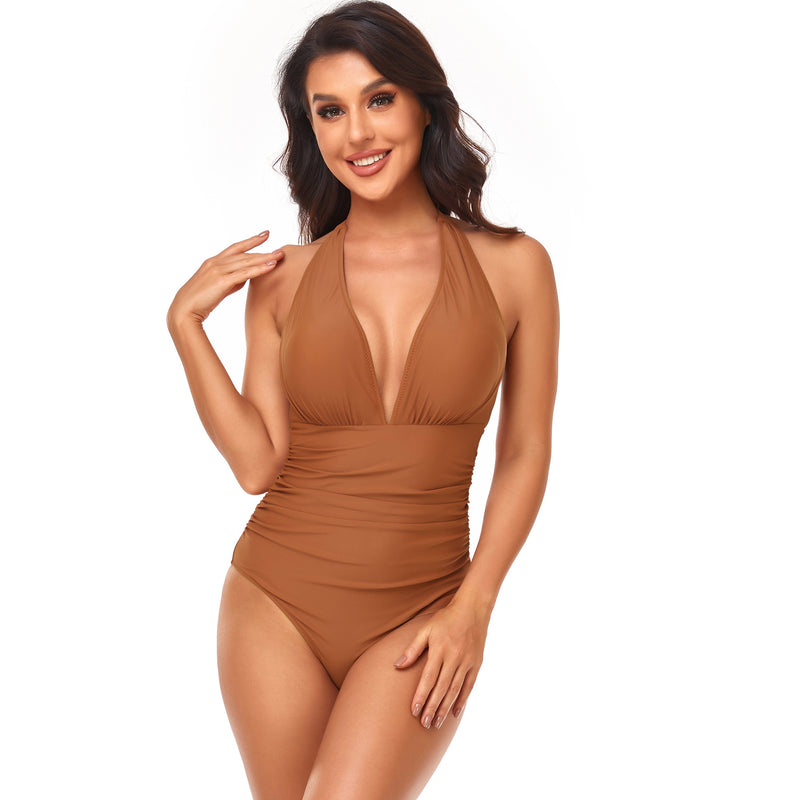 Pleated Neck One-piece Swimsuit