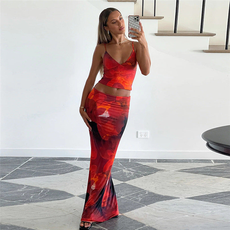 Fashion Digital Printing High Waist Slim Fit Long Dress Women's Suit