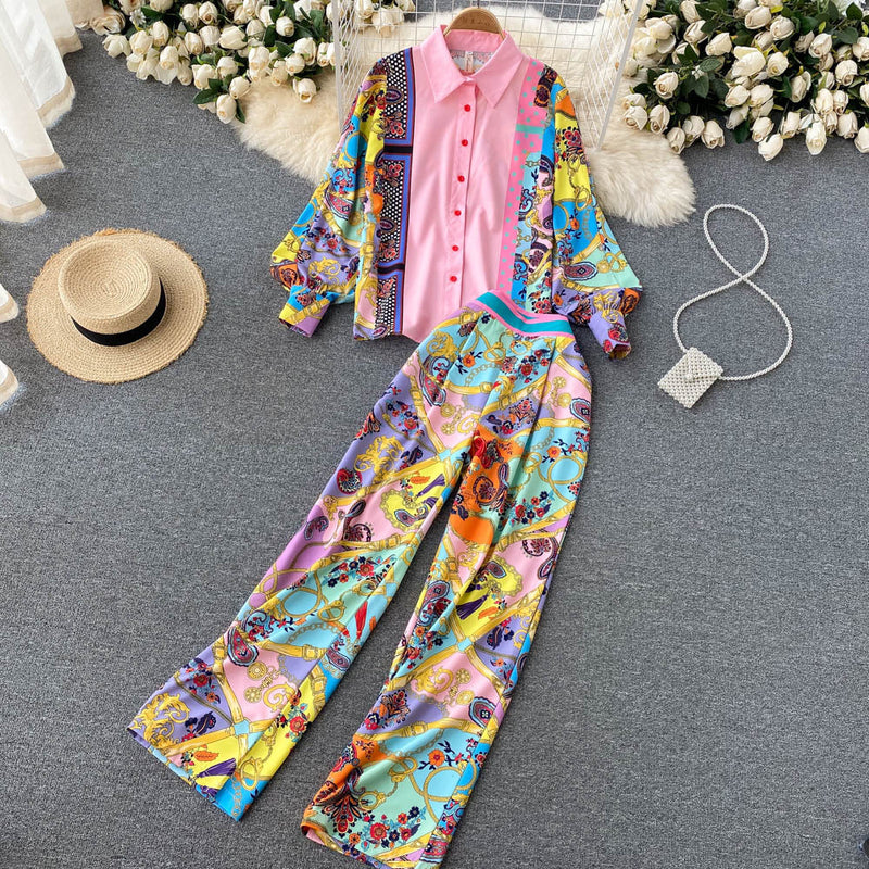 French Retro Print Loose Shirt Trousers Suit