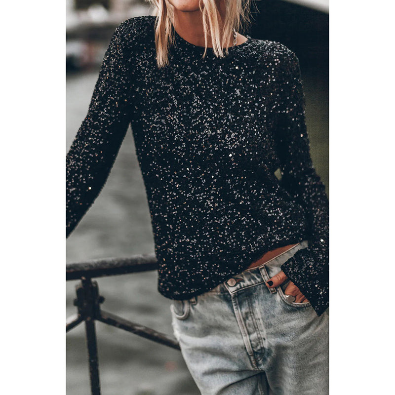 Sequined Long Sleeve Round Neck Top