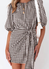 Spring And Summer Plaid Girdle Belt Fold Three-quarter Sleeve Dress Women's Clothing