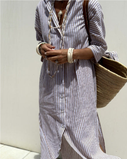 Women's New Half Sleeve Striped Cardigan Dress