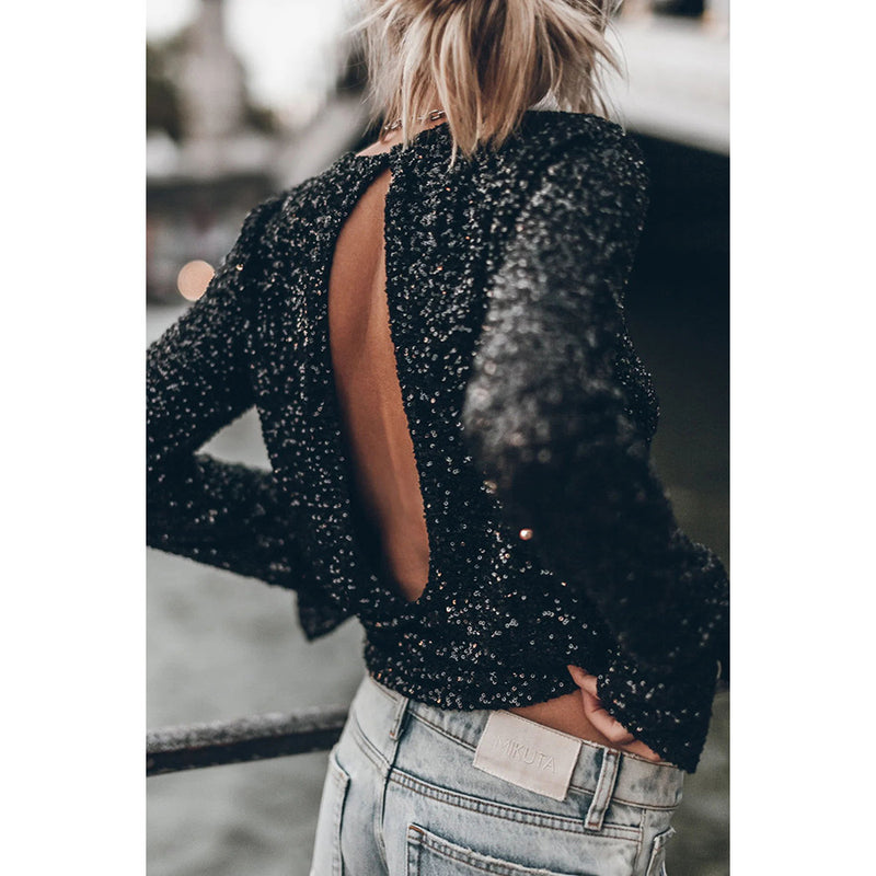 Sequined Long Sleeve Round Neck Top