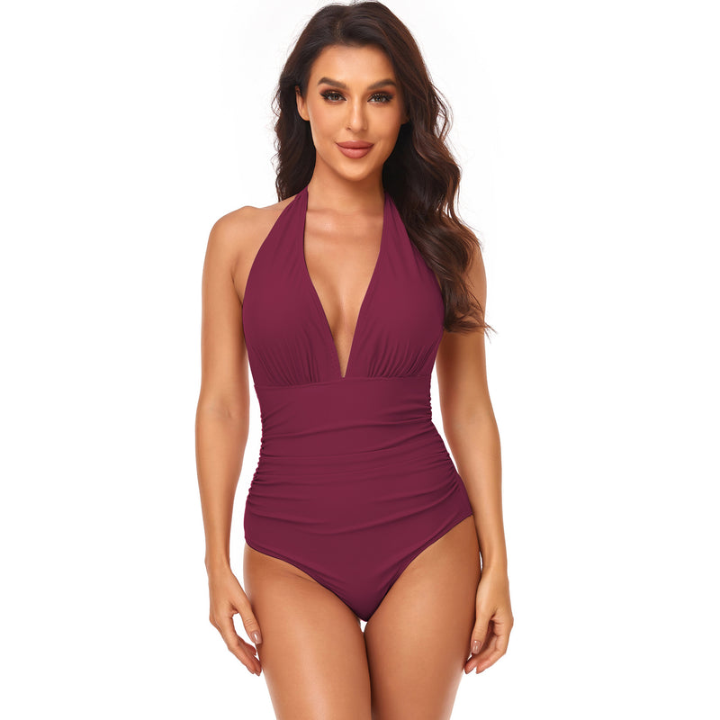 Pleated Neck One-piece Swimsuit